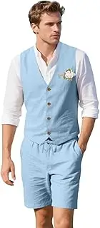 [Pyiuhs] Retro Linen Mens Suits 2 Pieces Slim Fit Light Weight Linen Suit Summer Sets Tuxedo Vest Pant for Men Wedding