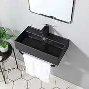 SHACO Matte Black Wall Mount Bathroom Sink, Rectangular Small Wall Mounted Sink with Towel Rack, 21 x 12 Inch Wall Hung Floating Porcelain Ceramic Wash Basin with Single Hole and Overflow