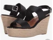 Women Steve Madden Marian Wedge Buckle Up Sandal Textile Black