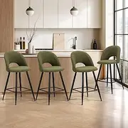 [OIKITURE] Bar Stool Set of 4, Kitchen Counter Barstools Dining Chair Sherpa Boucle Fabric Upholstered Backrest in 59cm Seat Height Floor for Outdoor Indoor Home Bar Dining Room Cafe, Green