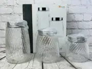 3pc Glass Canister Set Embossed Twist Design Airtight Lids Stainless Steel
