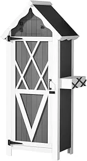 Gardeon 3-Tier Outdoor Storage Cabinet, 179cm Tall Wooden Cupboard Tool Box Garden Shed Shelving Storages Bench Tools Chest Organiser Home Furniture Garage Setting, Lockable Shelves Grey+White