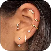 [Sanfenly] Small Stud Hoop Earrings for Women - 7 Pairs Hypoallergenic 14K Gold Plated Huggie Earring Sets for Multiple Piercing Dainty Earring Stacks Cute Silver Cartilage Jewelry