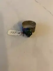 Ring: Mexican silver with pear shape green stone , wide band, size 9