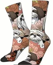 [Generic] Shih Tzu Dog Floral Print Crew Socks, One Size Fits US 6-10, Machine Washable, Teal Blue, One Size
