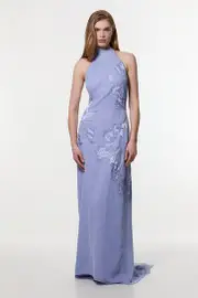 Applique And Lace Georgette Woven Halter Maxi Dress