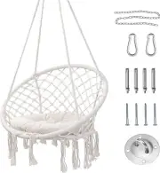Hammock Chair Hanging Swing with Macrame & Cushion Max 330 Lbs Beige Cotton Rope