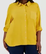 Tommy Hilfiger Women's Yellow RollTab Sleeve Button Down Emblem Top Plus Size 0X