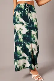Green Abstract Slip Skirt Maxi Drawstring Waist - Size 16, Women's Maxi Skirt
