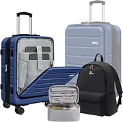 [KEYTANG] SmileLine 20" Lightweight Hardside Expandable Luggage Spinner Wheels Carry On with Backpack and Makeup Bag,Navy Blue, Navy Blue, 3 Piece Set, Hardside Expandable Luggage W/Quick Access Front