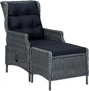 vidaXL Reclining Garden Chair with Footstool - Comfortable Outdoor Lounger with Adjustable Backrest, Dark Grey Poly Rattan and Black Cushions