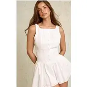 White Button Down Cotton Drop Waist Skort Playsuit, White