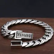 Pure 925 Sterling Silver Chain 11mm Six Words Cuban Curb Link Bracelet 44g 7.9in
