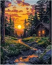 TAOPAOLAB Landscape Paint by Numbers Kit for Adults - DIY Forest Cabin Sunset Scene Painting on Canvas 16x20 Inches, Acrylic Paint Set, Suitable for Beginners, Rustic Art for Home Decoration or Gifts