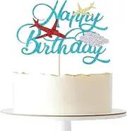 Gtseryeio Airplane Happy Birthday Cake Topper, Plane Travel Cake Topper, Airman Theme Party Decoration/Kids Birthday Party Cake Topper Decorations Supplies