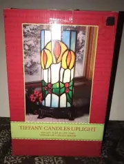 TIFFANY Candles Uplight Table Light-Candle Trio With Mistletoes NIB 9” Tall