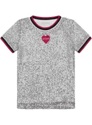 GUESS Grey Regular Sequins T-Shirt in Silver Size: 14, Elastane