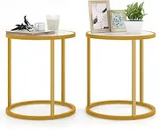 Giantex Round Side Table, 40 x 40cm End Table w/Marble Top & Golden Metal Frame, Bedside Table w/Anti-Slip Foot Pads, Home Accent Table Compact Coffee Table for Living Room, Bedroom (2)