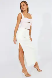 White Mid Skirt Side Split High Rise - Size 12, Women's Midi Skirt