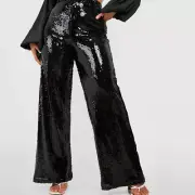 Black Velvet Sequin Party Wide Leg Pants Size 16
