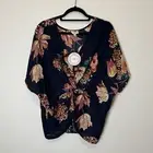 UMGEE Navy Floral Front Tie Cap Sleeve Casual Light Blouse Size Small NWT