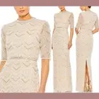 NWT $1198 Mac Duggal [ 6 ] 93804 Beaded Fringe Quarter Sleeve Column Gown J248