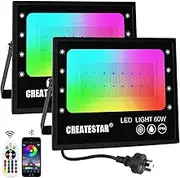 2 Pack RGB LED Flood Light, 60W Outdoor Colour Changing Flood Lights IP66 Waterproof App Control 16 Million Colours RGB & Warm White Floodlight for Garden Stage Lighting Christmas