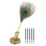 Peacock Feather Ballpoint Pens Writing Pens with 5pcs Refill Gold Tone
