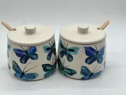 Set Of Hallmark Geninne Zlatkis blue butterflies Jam Jars With Lids & Spoons