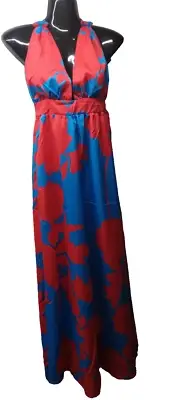 Long Sun Beach Dress open back halter top style red blue floral halterneck retro