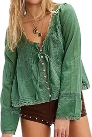 [NVRENJIA] Women Tie Front Long Sleeve Top Lace Trim Button Shirt Square Neck Loose Blouse Going Out Y2k Coquette Clothes