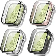 [4 Pack] HEYUS for Huawei Watch Fit3 Case, Shell Film All-in-One Protective Case Screen, Hard PC + HD Tempered Glass case Cover Protector Case for Huawei Watch Fit 3 (Clear+Black+Silver+Pink)