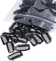 SWACC 100 Pcs U Shape Metailic Snap Clips ins for Hair Extension Hairpiece DIY Snap-Comb Wig Clips with Rubber (Black, 9-Teeth 6 Holes)
