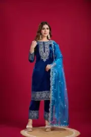 Blue Velvet Sequins Embroidered Kurta Pant Set with Organza Dupatta for Winters