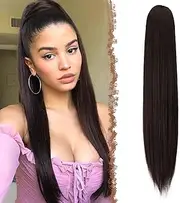 FESHFEN Ponytail Extensions Long Straight Drawstring Ponytails Natural Synthetic Hairpiece Clip in Ponytails Hairpieces for Women, Darkest Brown 28 inch