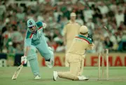England batsman Ian Botham survives a run out attempt by Aust- Old Cricket Photo
