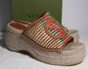 NWB Gucci Interlocking GG Raffia Wedge Platform Mules Sandals 40 749774