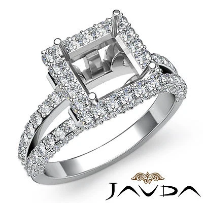 Diamond Engagement Halo Ring Split shank Princess Semi Mount 14k W Gold 1.56Ct