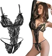 [QttvbTna] Sexy Suspender Women's Lingerie, Erotic Translucent Lace Strap Bodysuit with Hole, Lingerie Bra and Panties Set, Adjustable Open Underwear, Erotic Bras and Briefs (Black), Black, One Size