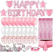 Uandhome Pink Party Decoration Set - Happy Birthday Banner, Fringe Curtain, Foil Tablecloth, Heart Star Balloons, Table Confetti for Girls and Women