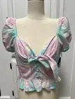 Abound Womens XS Puff Sleeve Tie Front Crop Top Multi Plaid