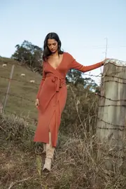 [PUP4] Kellan Wrap Midi Dress - Bronze XS bronze