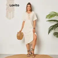 在飛比找蝦皮商城優惠-Lovito 女式波西米亞素色蕾絲開衩連身裙 LBL0839