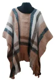 NWT Ladies Nine West Turtleneck Tan/Black/Ivory Plaid Fringed Poncho OSFA