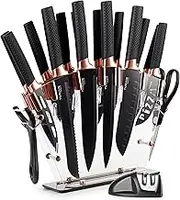 nuovva Professional Kitchen Knife Set with Block - Copper 17-Piece Knife Set with Steak Knives - Clear Acrylic Block High Carbon Stainless Steel Blades - with Knife Sharpener, Peeler and Scissors