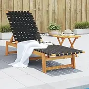 Solid Wood Patio Recliner Lounge with Adjustable Positions, Acacia Folding Outdoor Sun Lounger Chair for Lawn, Camping & Beach, Black, with Free Table Included