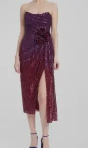 $550 Badgley Mischka Women Red Strapless Draped Ombre Sequin Midi Dress Size 2