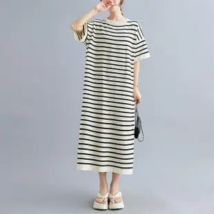 【ACheter】針織條紋圓領短袖連身裙長版寬鬆洋裝#121470(白/黑/黑白/杏)