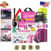 Pink 150-Piece Car Emergency Kit with Portable Air Compressor for Safety