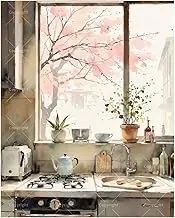 Interior Paint by Numbers Kit for Adults - DIY Cozy Kitchen with Cherry Blossom View Painting on Canvas 16x20 Inches, Acrylic Paint Set, Suitable for Beginners, Art for Home Decoration/Gifts